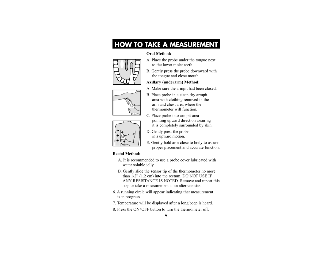 Omron Healthcare MC-600 manual Oral Method, Axillary underarm Method, Rectal Method 