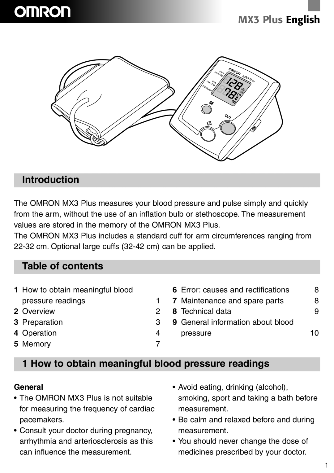 Omron Healthcare MX3 Plus manual Introduction, Table of contents, How to obtain meaningful blood pressure readings 