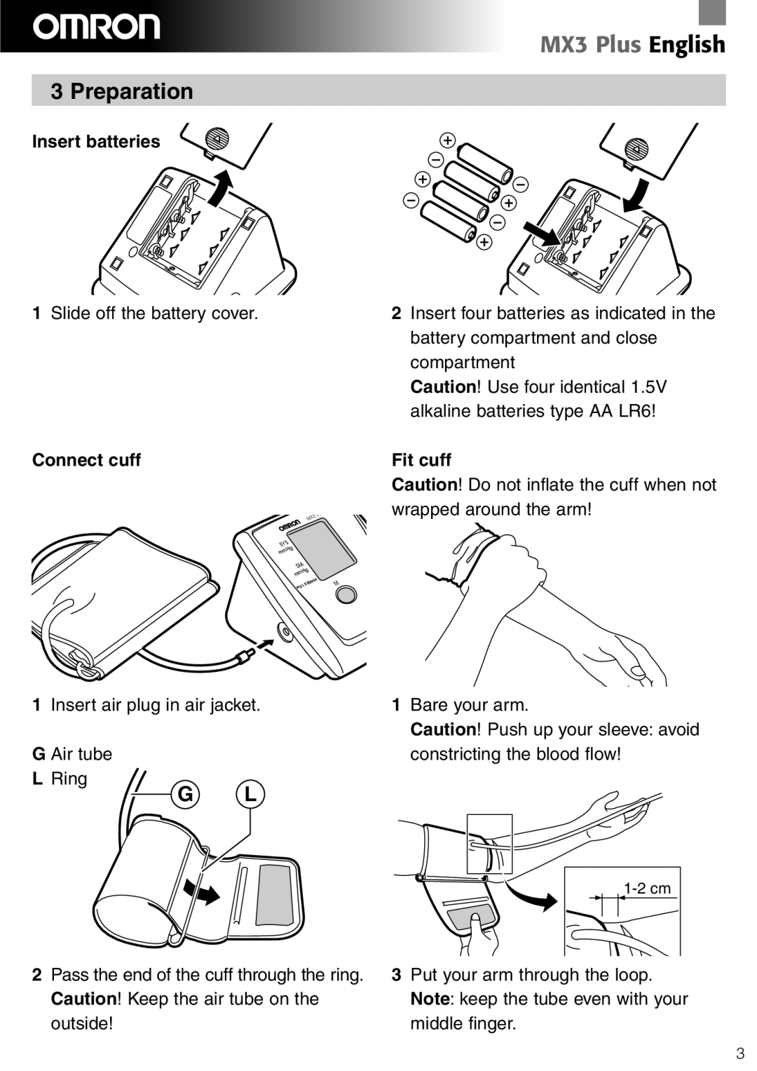 Omron Healthcare MX3 Plus manual Preparation, Insert batteries, Connect cuff, Fit cuff 