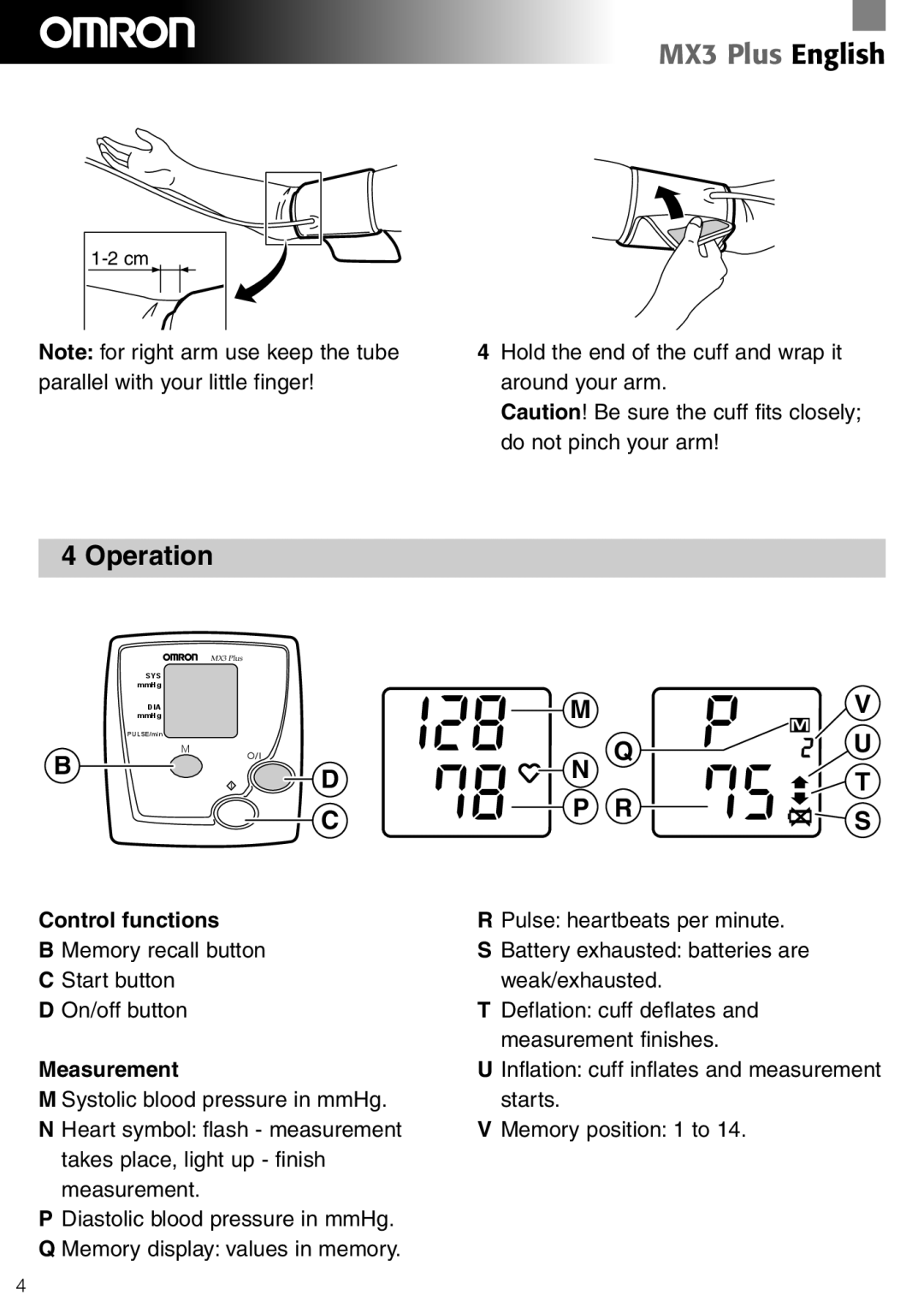 Omron Healthcare MX3 Plus manual Operation, Control functions, Measurement 