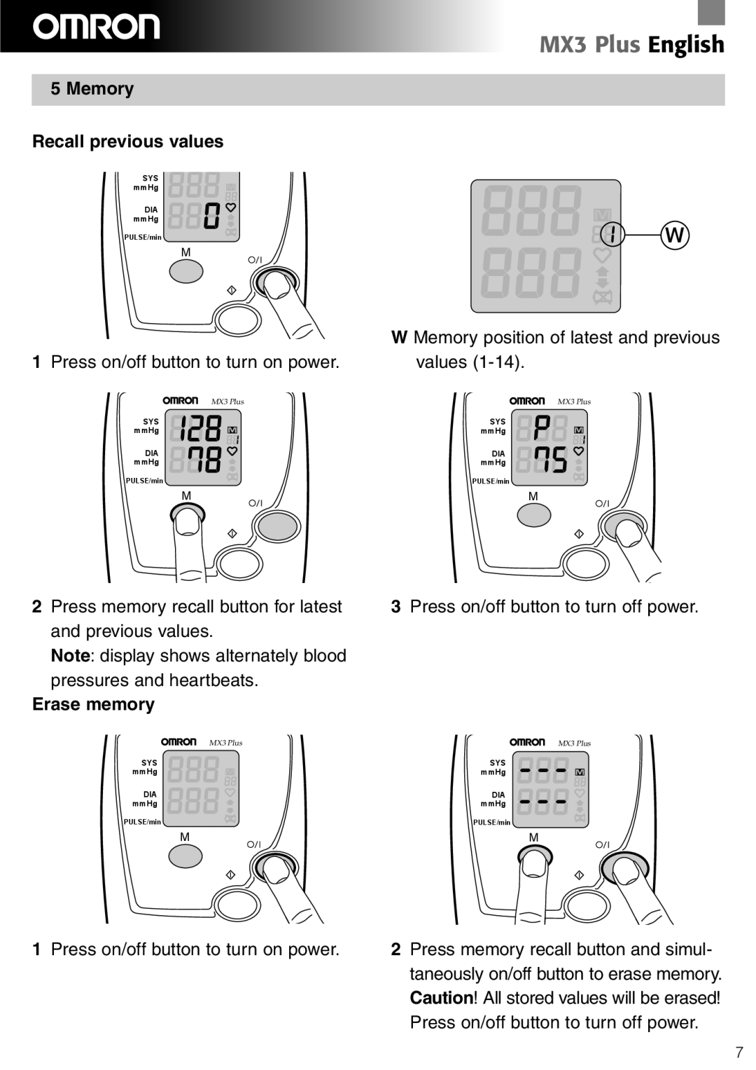 Omron Healthcare MX3 Plus manual Memory Recall previous values, Erase memory 