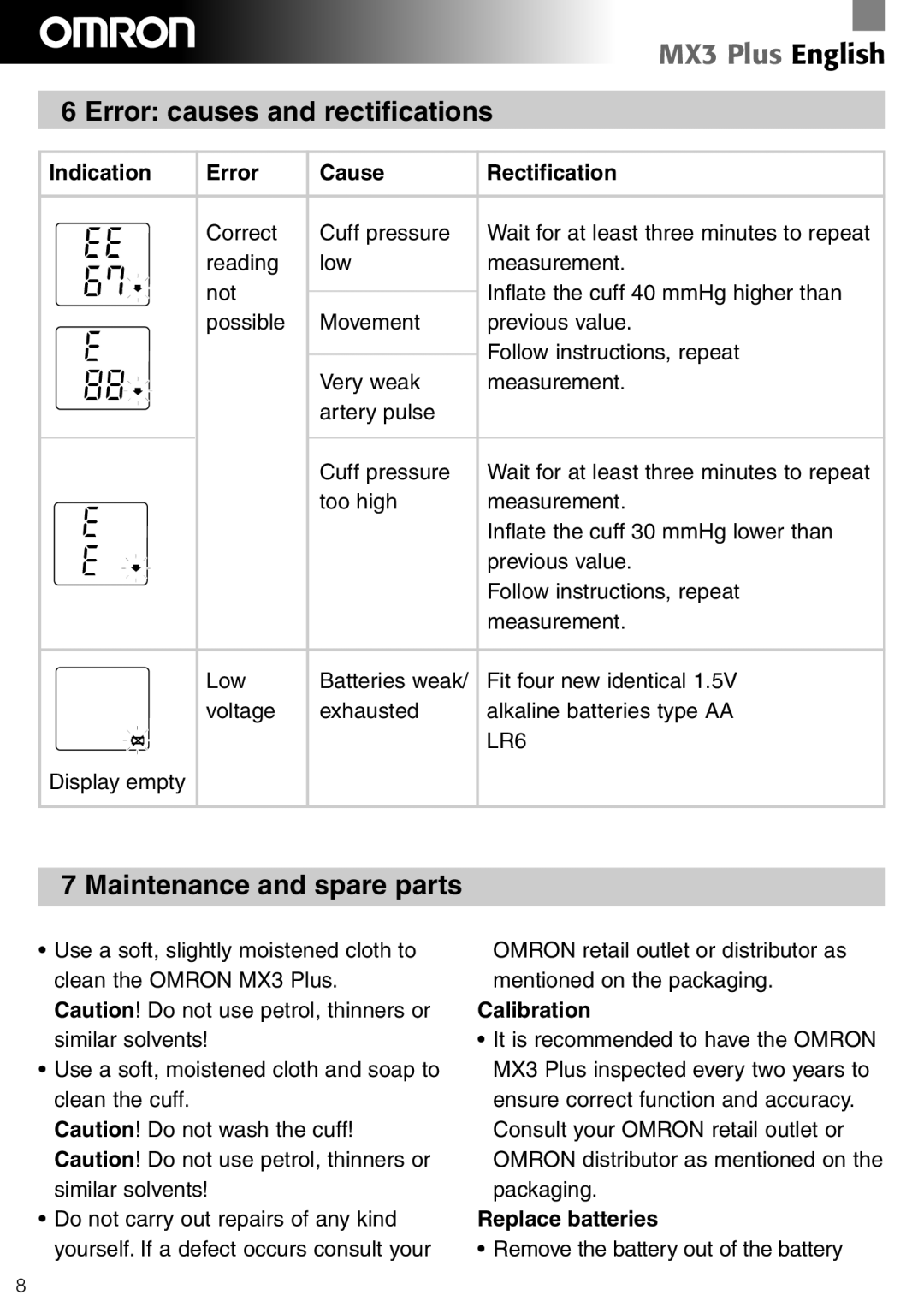 Omron Healthcare MX3 Plus Error causes and rectifications, Maintenance and spare parts, Calibration, Replace batteries 