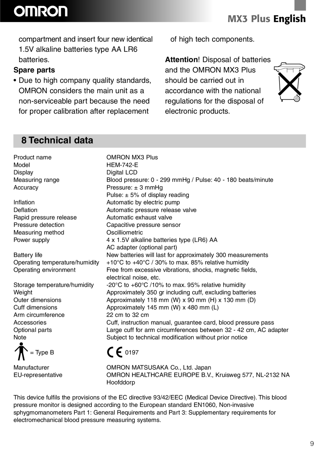 Omron Healthcare manual Technical data, Spare parts, MX3 Plus English 
