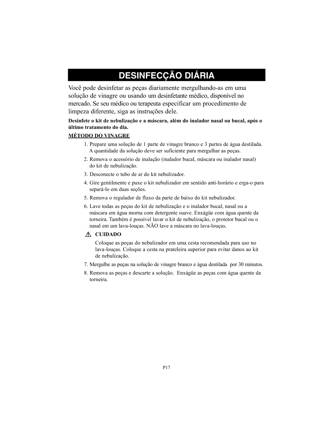 Omron Healthcare NE-C25 instruction manual Desinfecção Diária, Método do Vinagre 