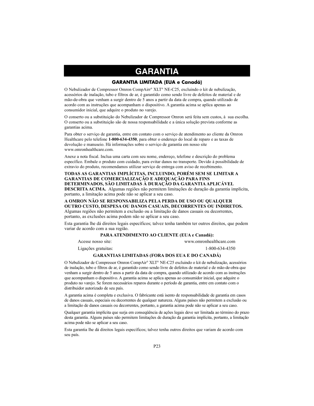 Omron Healthcare NE-C25 instruction manual Garantia Limitada EUA e Canadá 