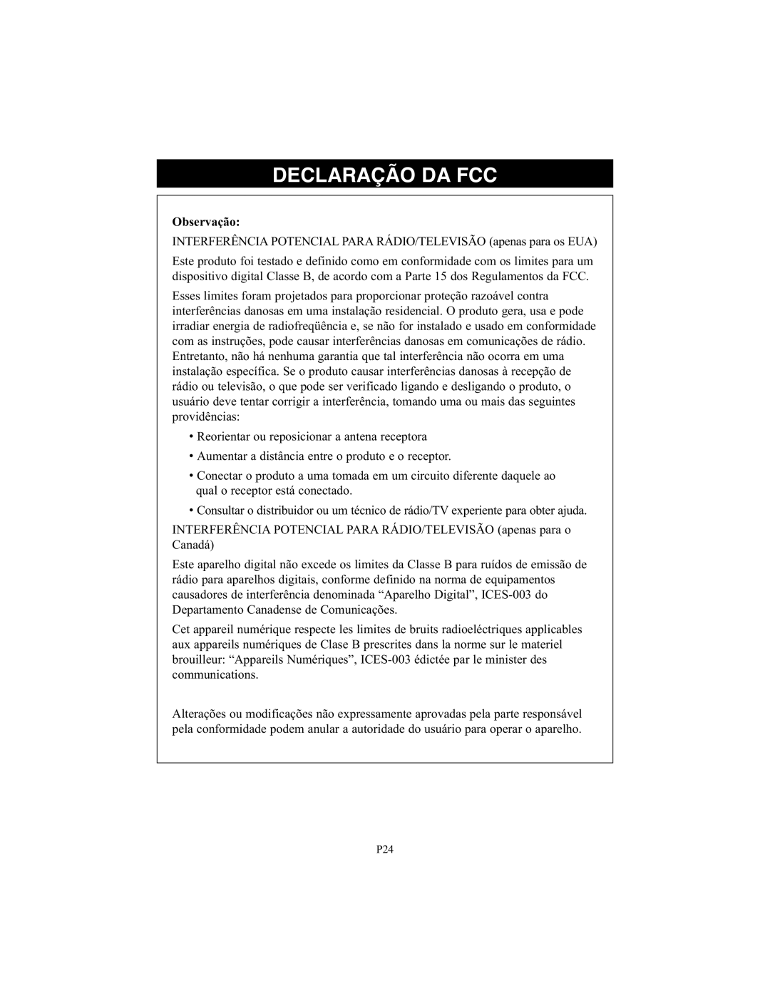 Omron Healthcare NE-C25 instruction manual Declaração DA FCC, Observação 