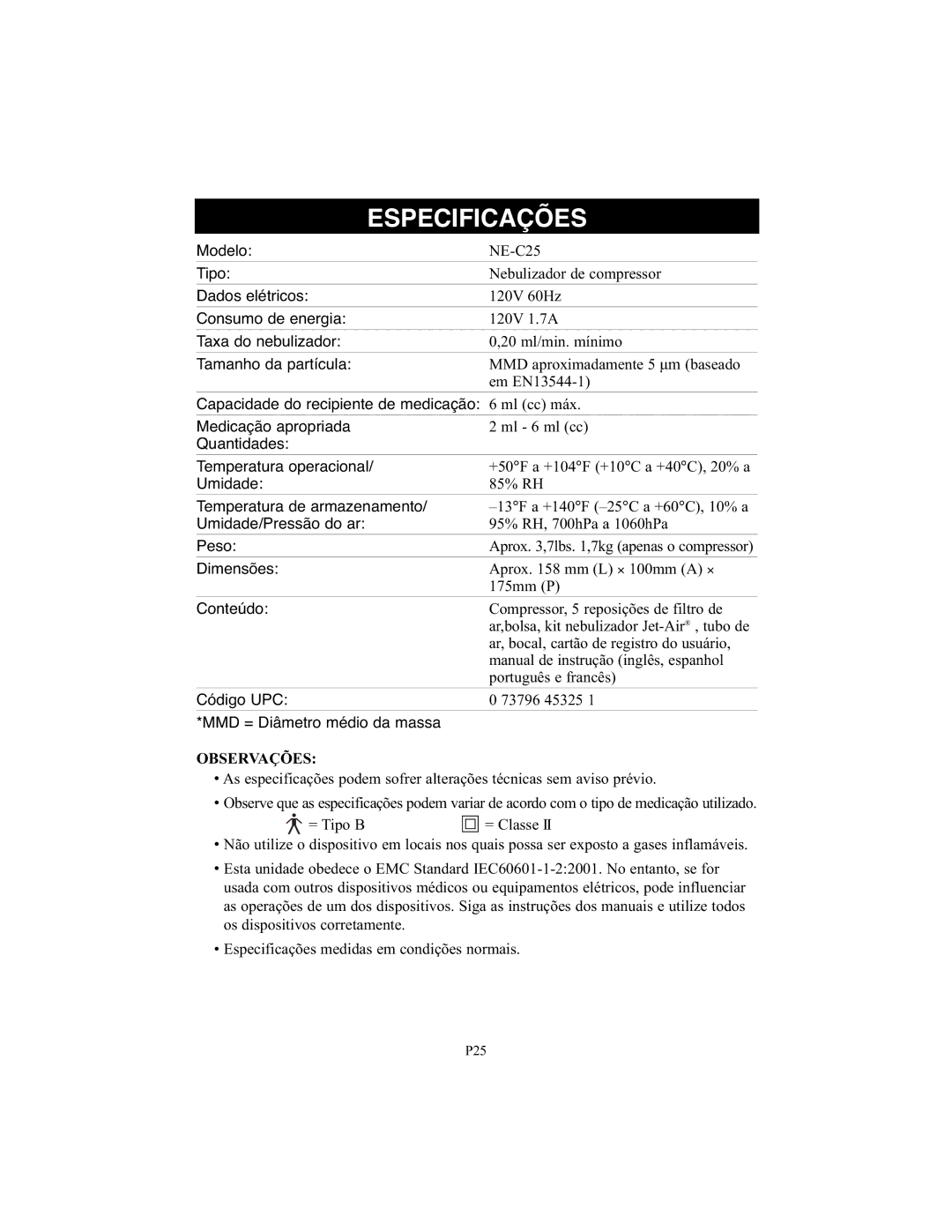 Omron Healthcare NE-C25 instruction manual Especificações, Observações 