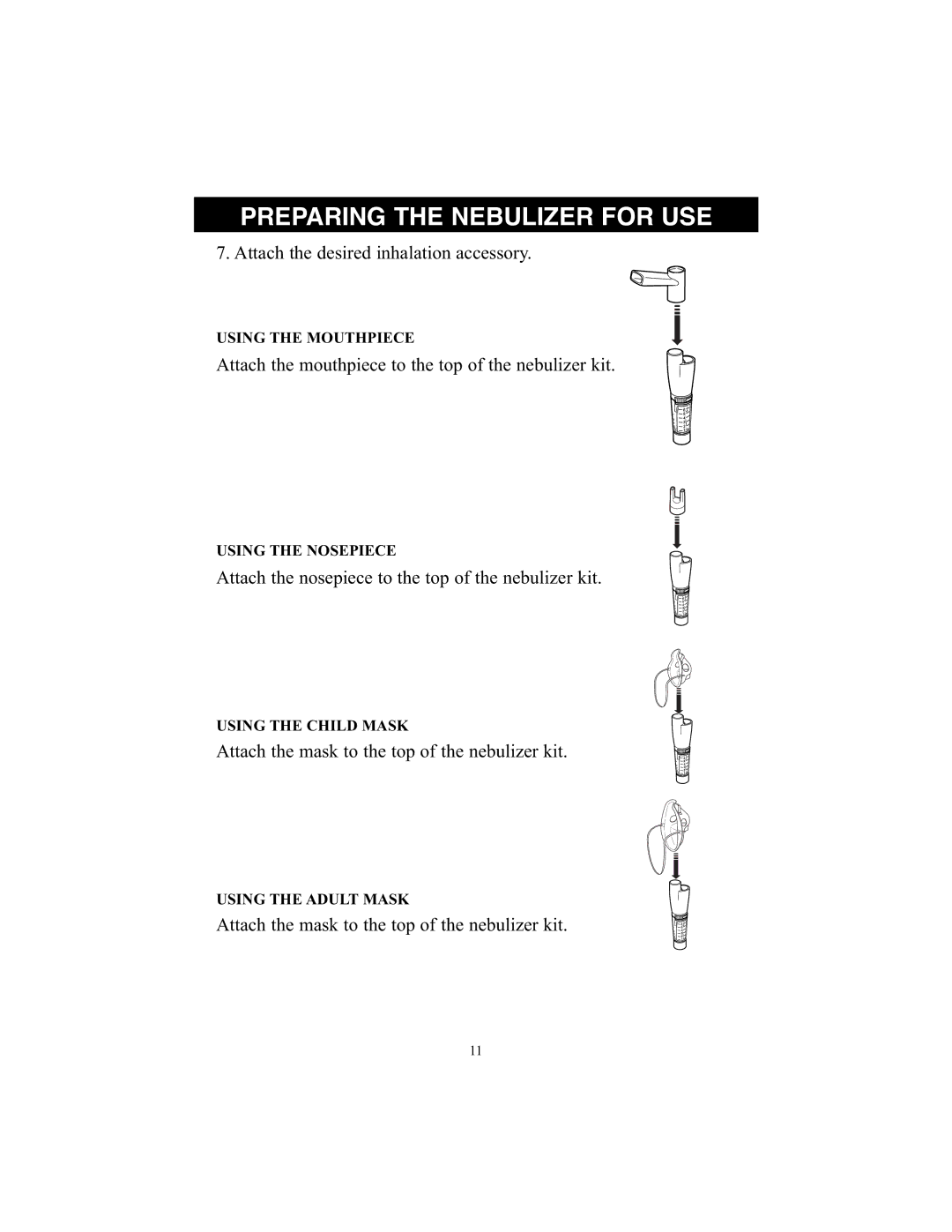 Omron Healthcare NE-C25 Using the Mouthpiece, Using the Nosepiece, Using the Child Mask, Using the Adult Mask 