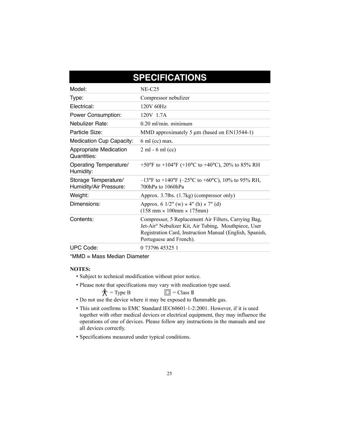 Omron Healthcare NE-C25 instruction manual Specifications, Contents 