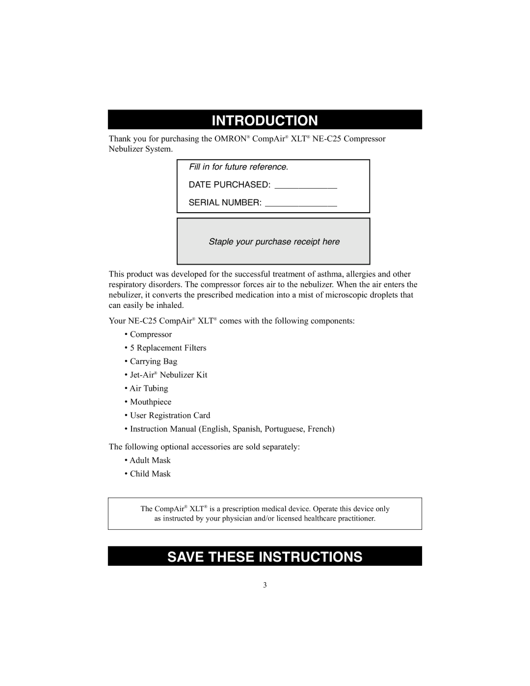 Omron Healthcare NE-C25 instruction manual Introduction, Staple your purchase receipt here 