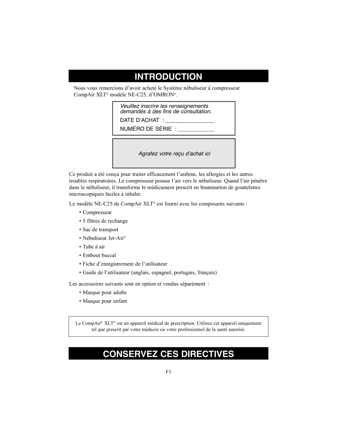 Omron Healthcare NE-C25 instruction manual Conservez CES Directives, Agrafez votre reçu d’achat ici 