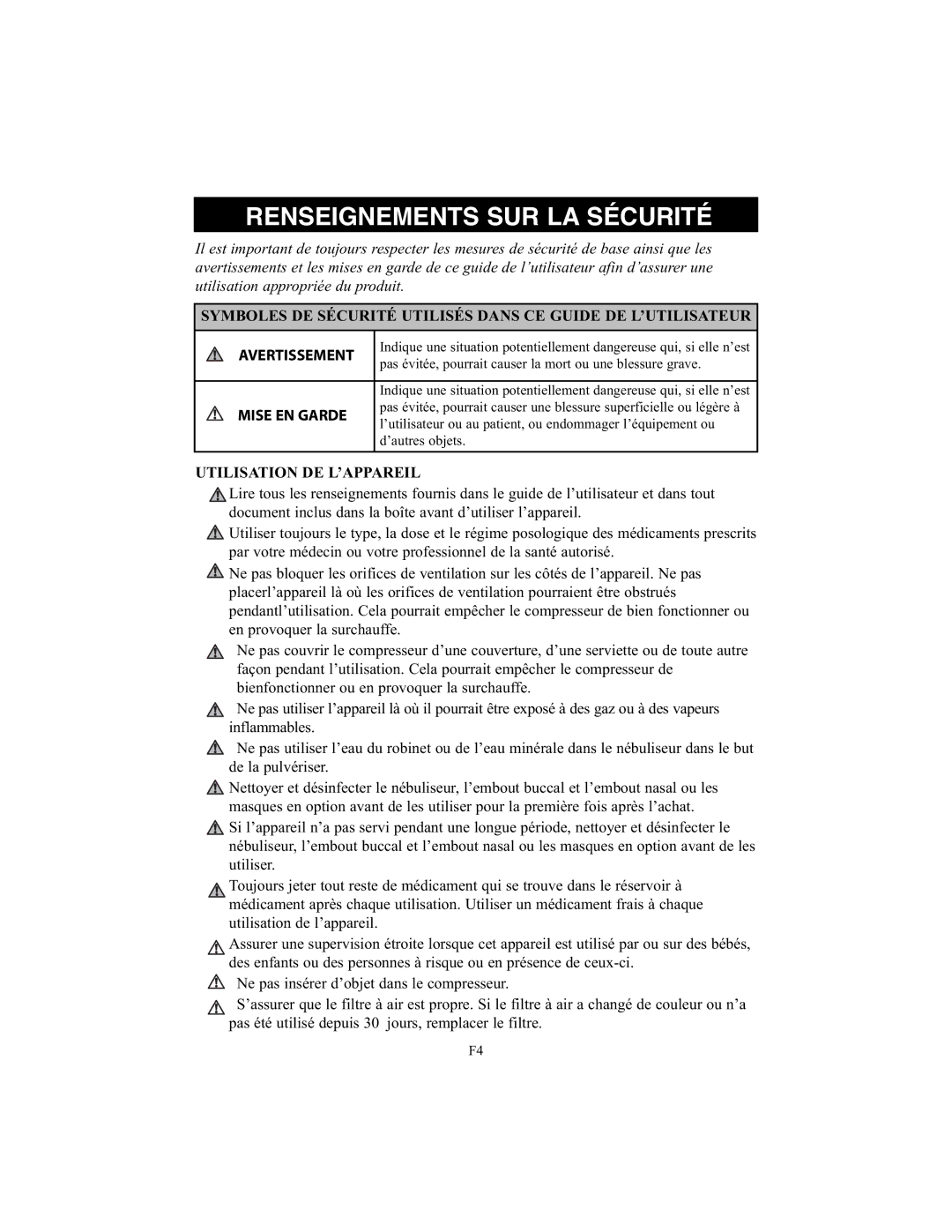 Omron Healthcare NE-C25 instruction manual Renseignements SUR LA Sécurité, Utilisation DE L’APPAREIL 