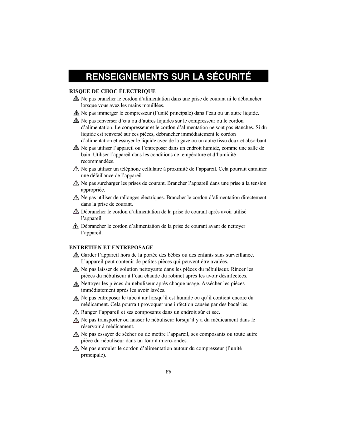 Omron Healthcare NE-C25 instruction manual Risque DE Choc Électrique, Entretien ET Entreposage 