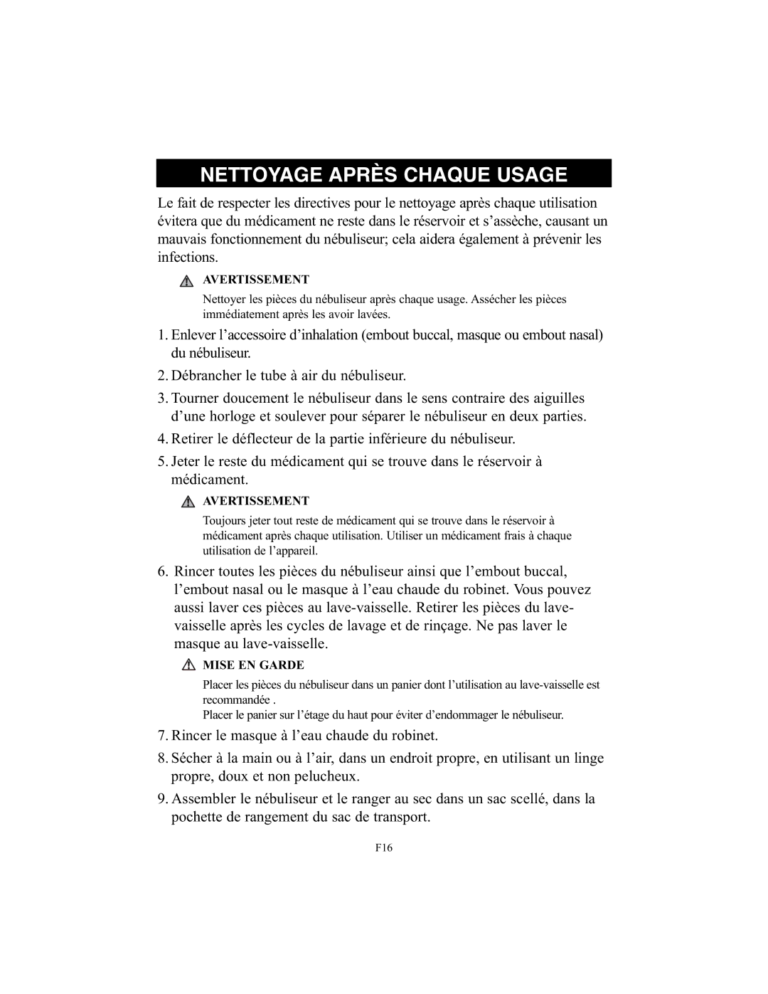 Omron Healthcare NE-C25 instruction manual Nettoyage Après Chaque Usage 