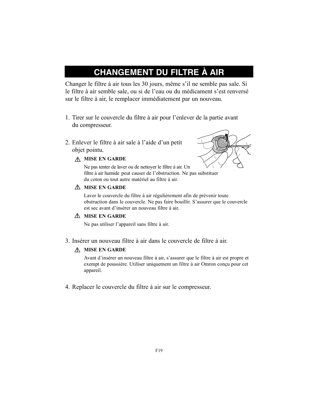 Omron Healthcare NE-C25 instruction manual Changement DU Filtre À AIR 