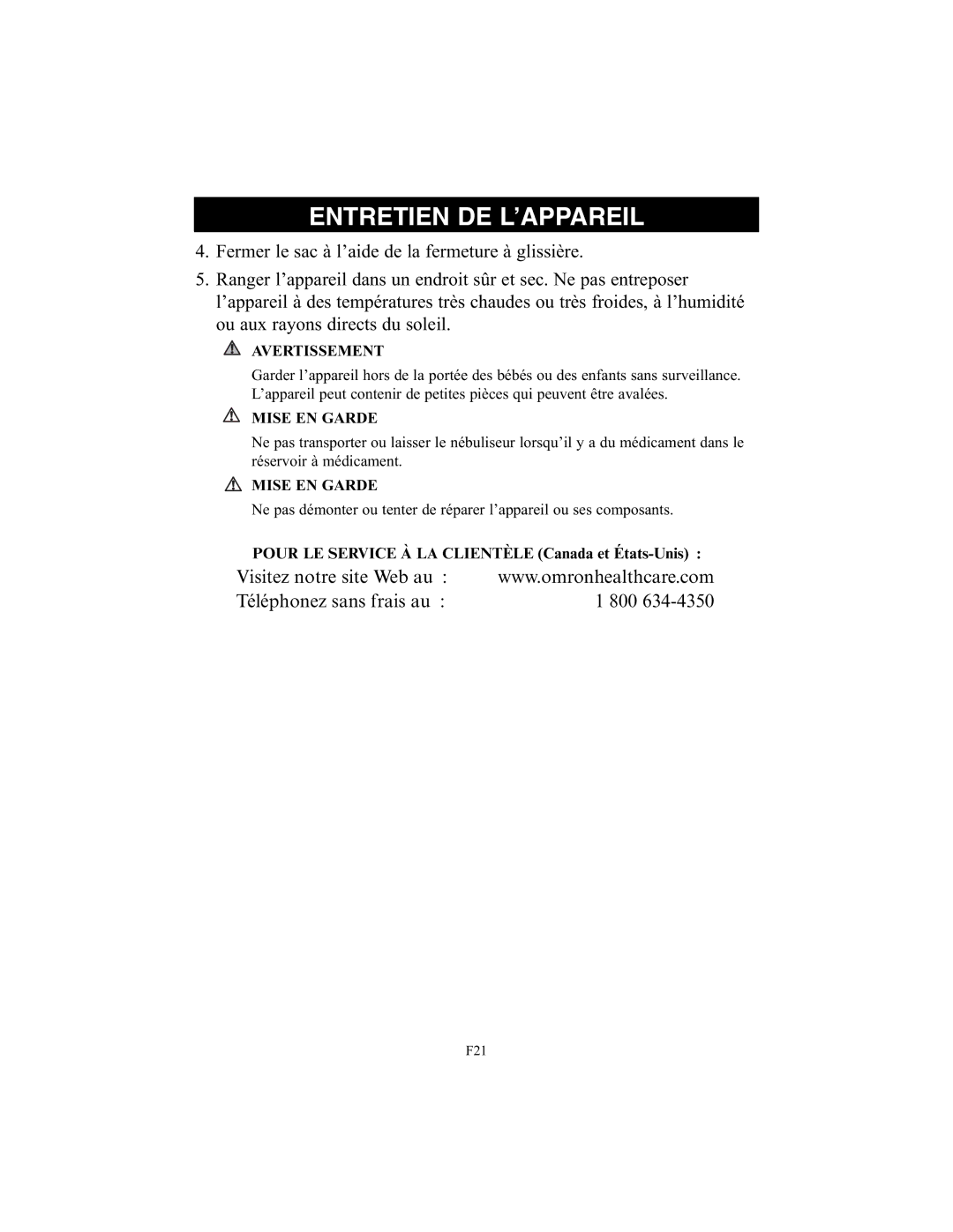 Omron Healthcare NE-C25 instruction manual Visitez notre site Web au Téléphonez sans frais au 800 