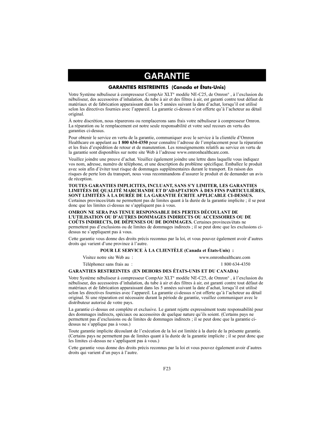 Omron Healthcare NE-C25 instruction manual Garanties Restreintes Canada et États-Unis 