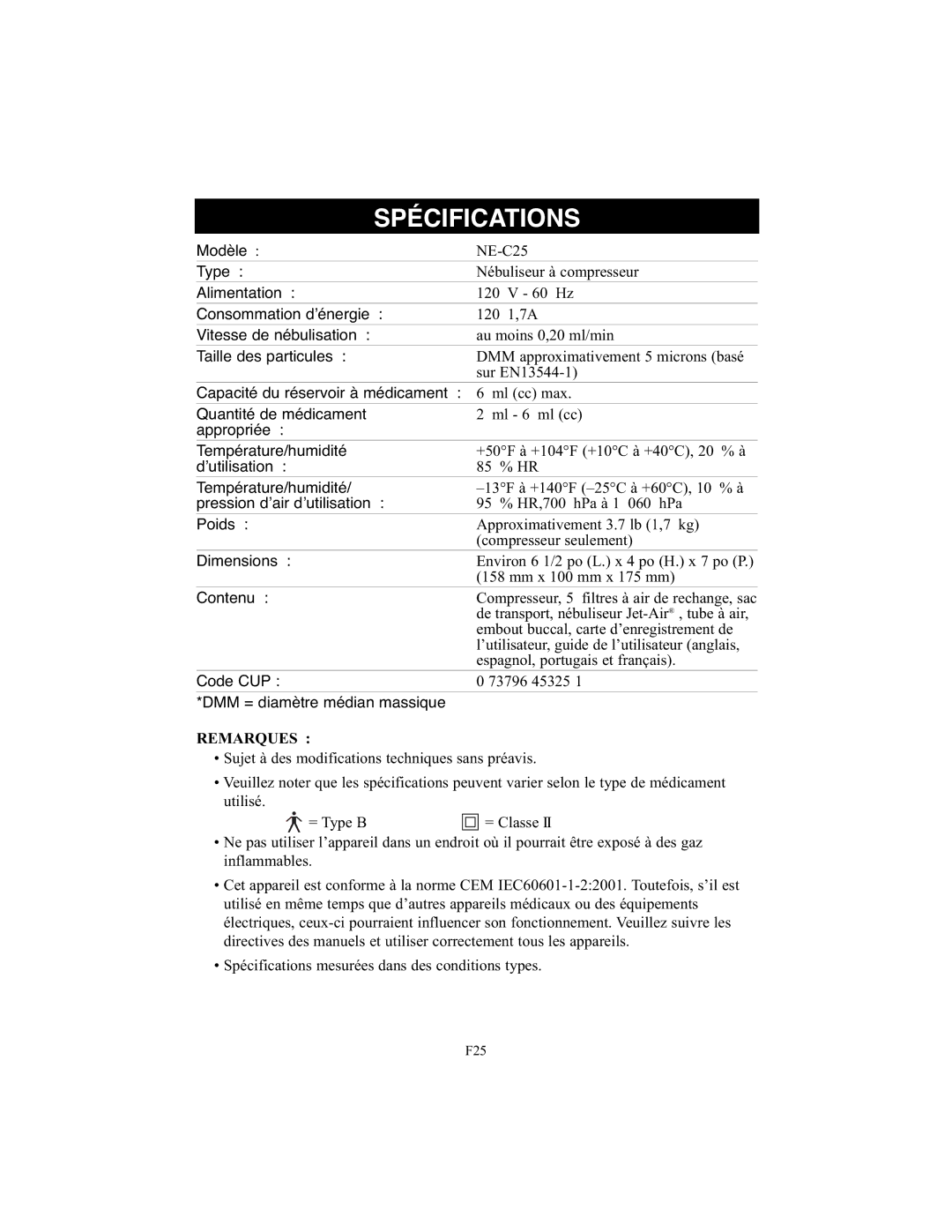 Omron Healthcare NE-C25 instruction manual Spécifications, Remarques 