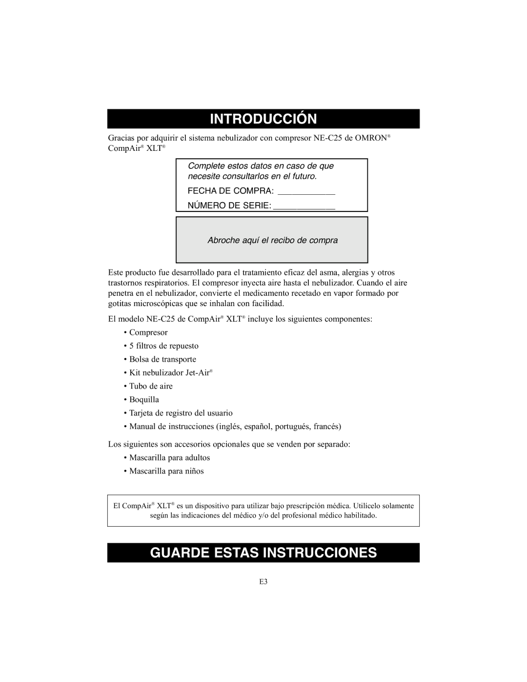 Omron Healthcare NE-C25 instruction manual Introducción, Guarde Estas Instrucciones 