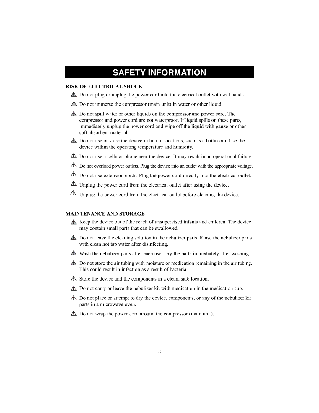 Omron Healthcare NE-C25 instruction manual Risk of Electrical Shock, Maintenance and Storage 