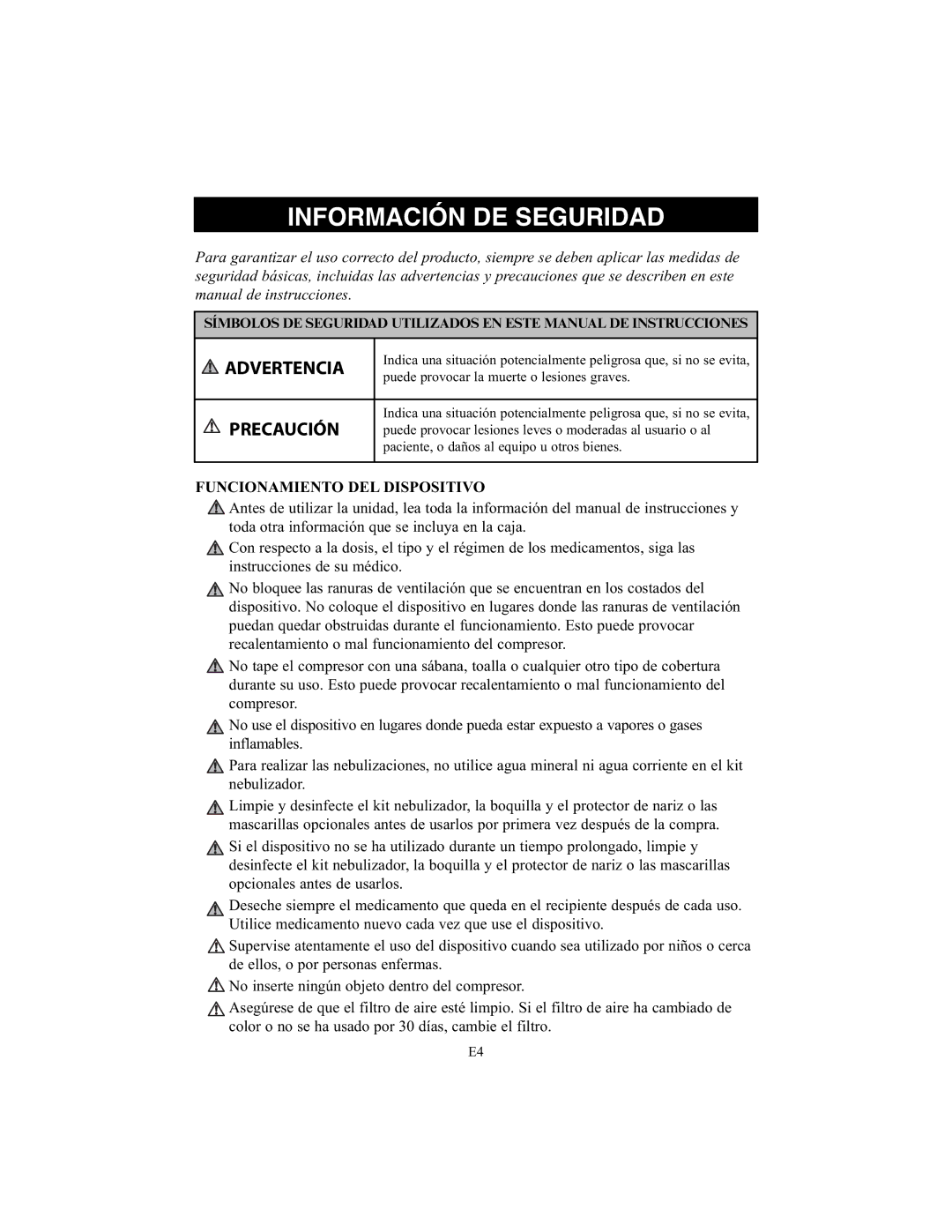 Omron Healthcare NE-C25 instruction manual Información DE Seguridad, Funcionamiento DEL Dispositivo 