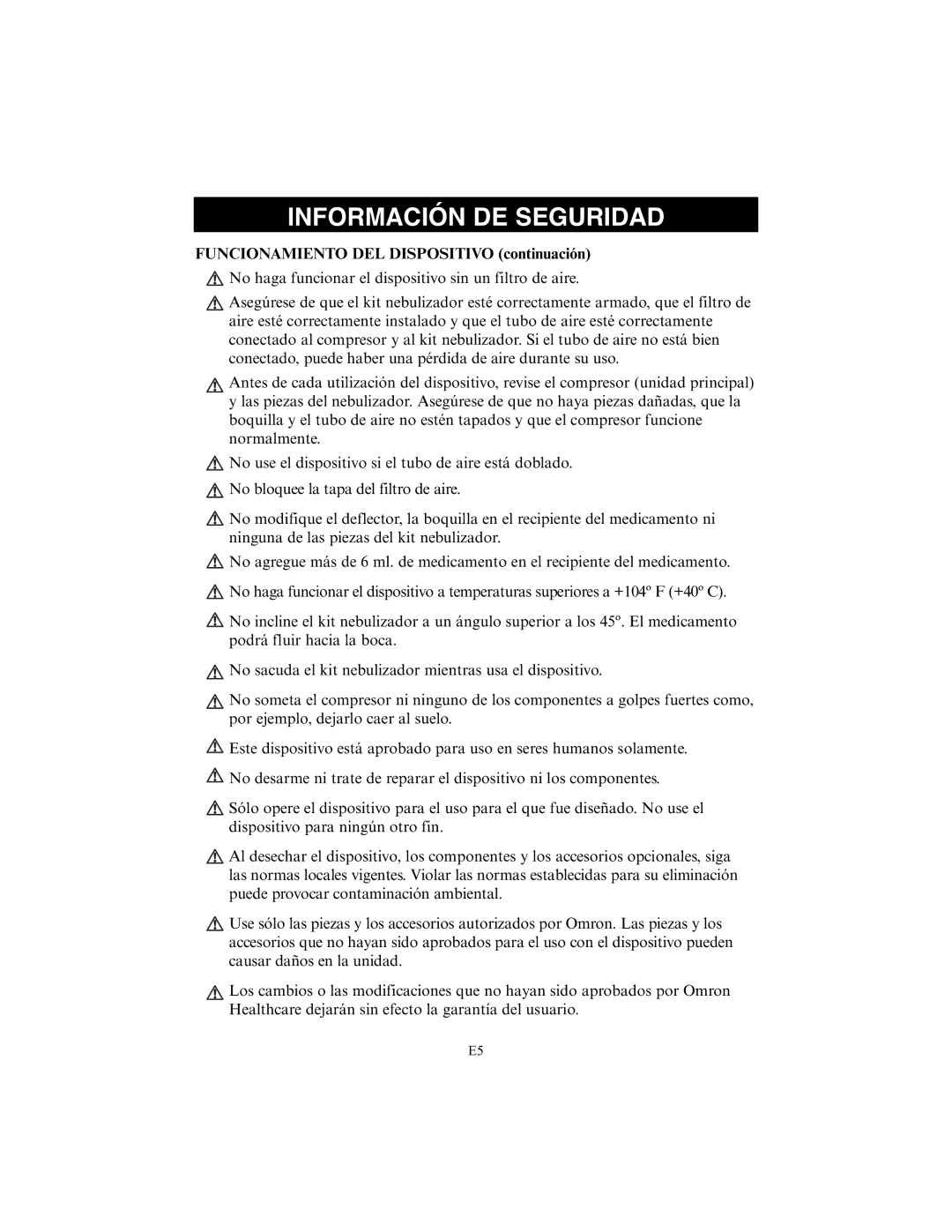 Omron Healthcare NE-C25 instruction manual Funcionamiento DEL Dispositivo continuación 