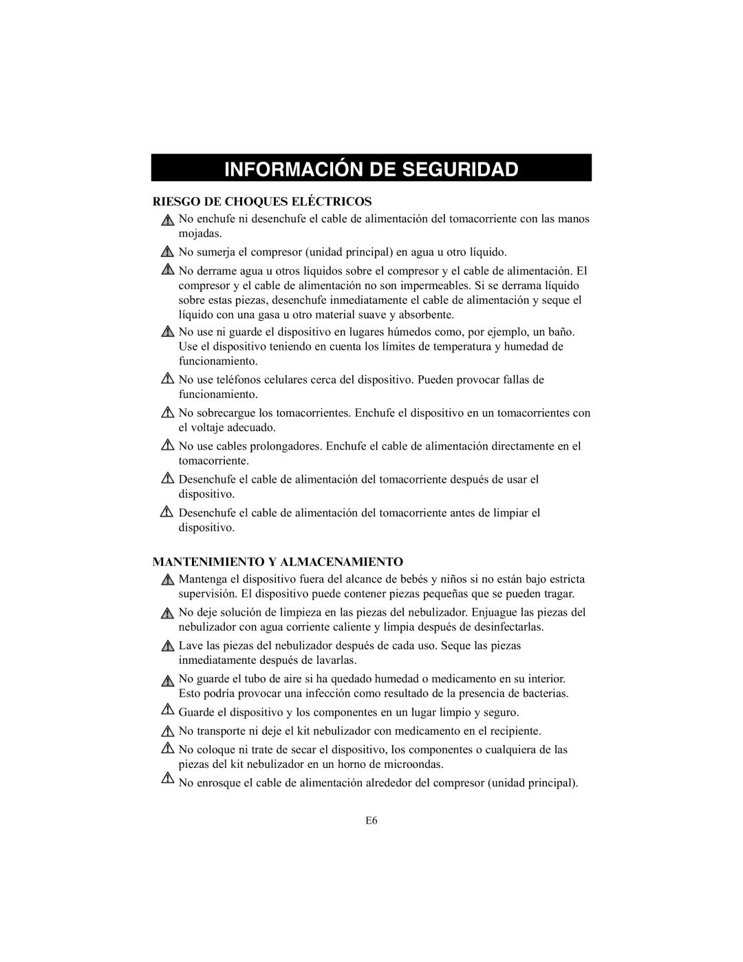 Omron Healthcare NE-C25 instruction manual Riesgo DE Choques Eléctricos, Mantenimiento Y Almacenamiento 