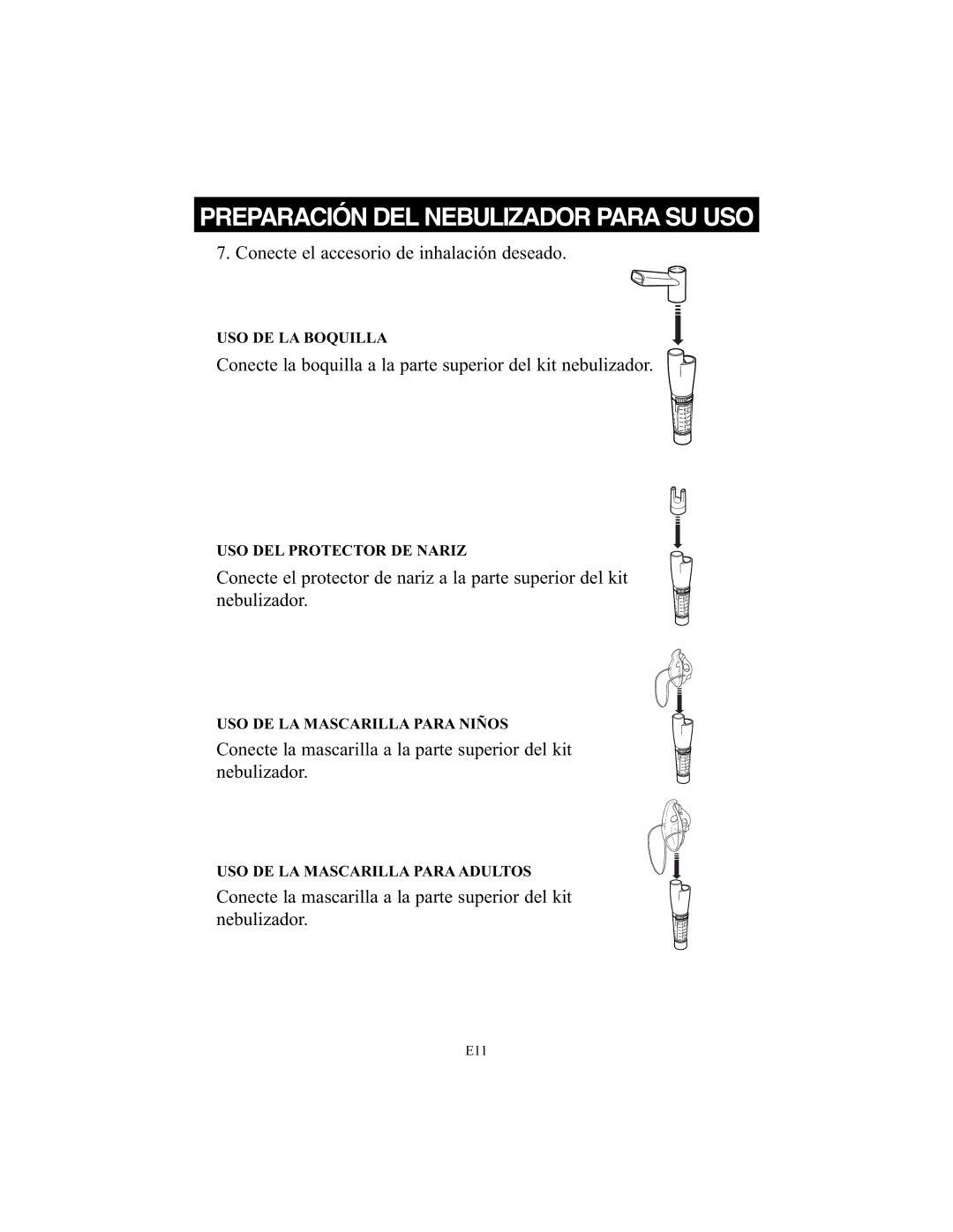 Omron Healthcare NE-C25 instruction manual USO DE LA Boquilla, USO DEL Protector DE Nariz, USO DE LA Mascarilla Para Niños 