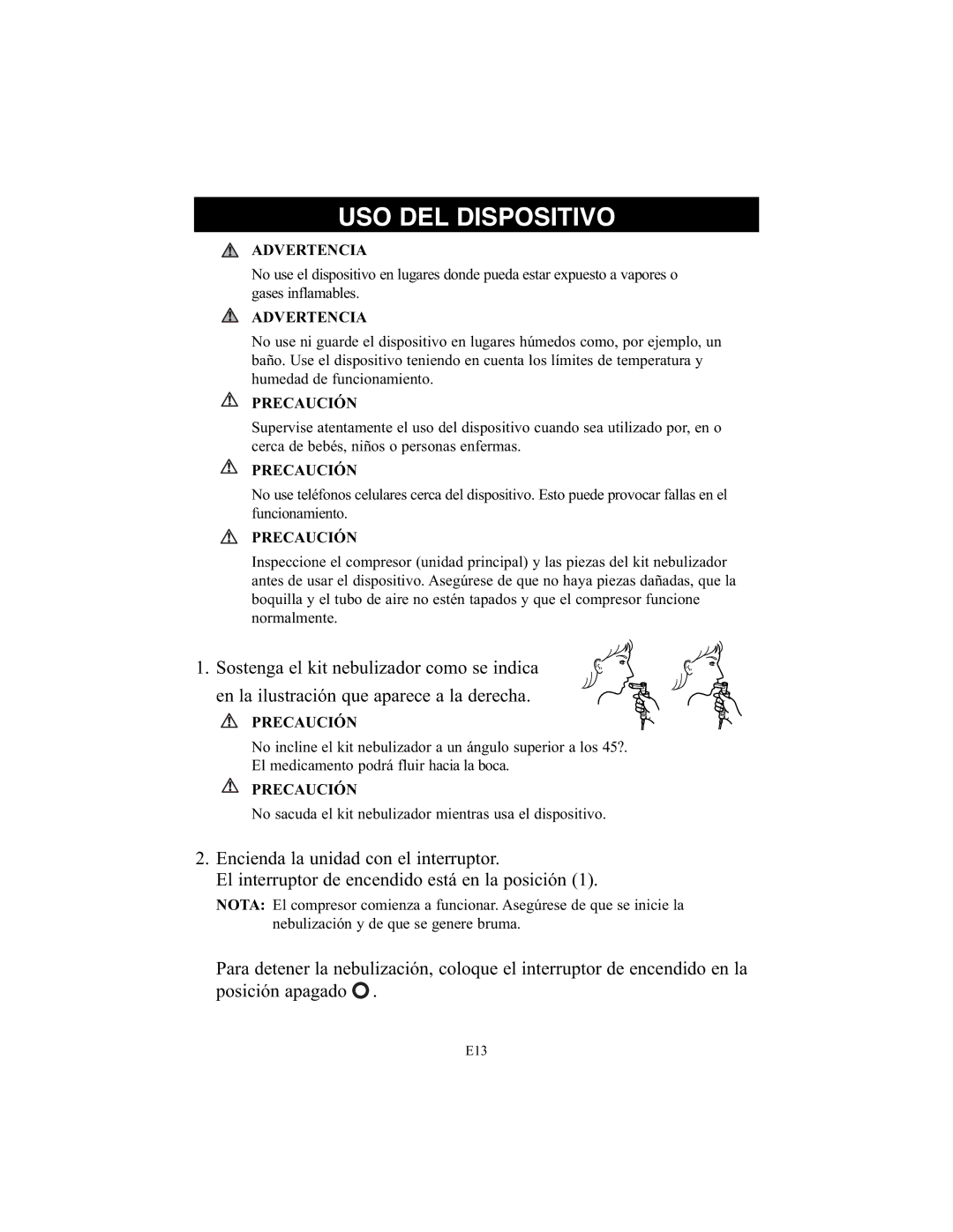 Omron Healthcare NE-C25 instruction manual USO DEL Dispositivo, Advertencia 