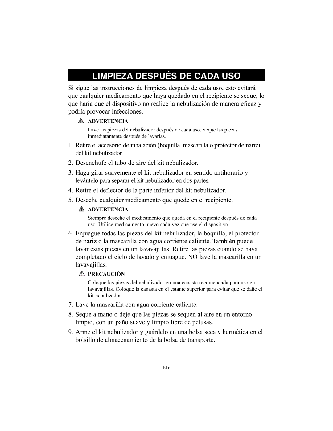 Omron Healthcare NE-C25 instruction manual Limpieza Después DE Cada USO 