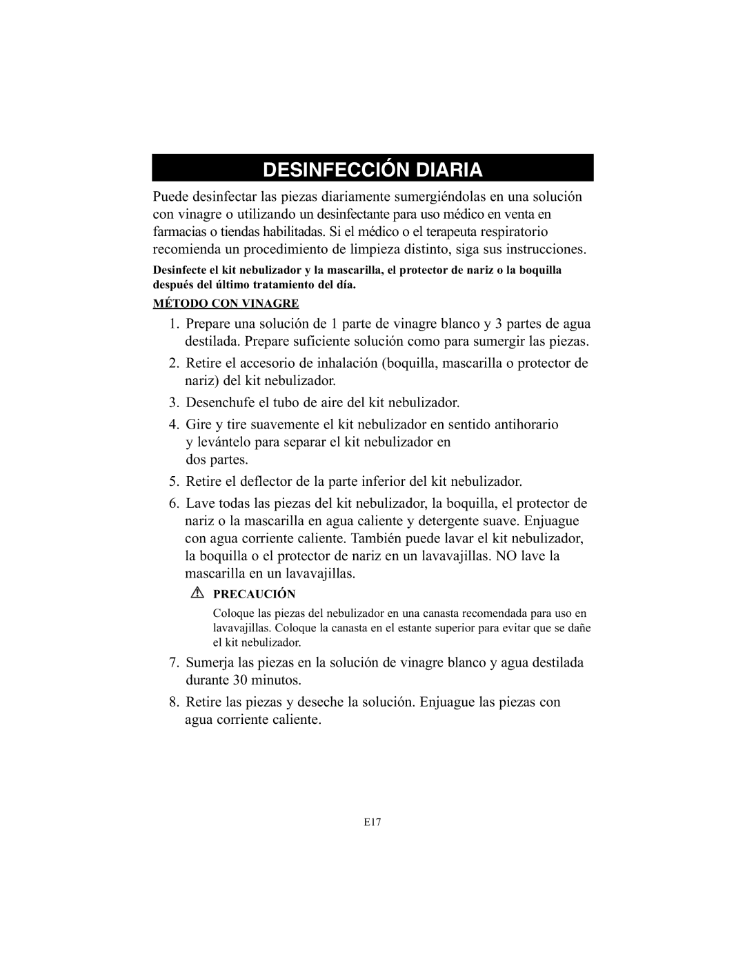 Omron Healthcare NE-C25 instruction manual Desinfección Diaria, Método CON Vinagre 