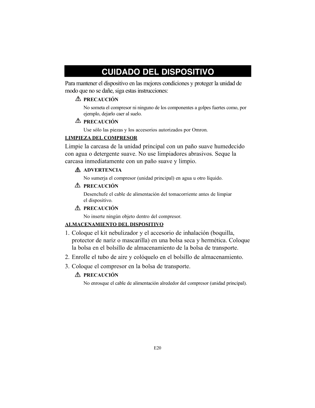 Omron Healthcare NE-C25 instruction manual Cuidado DEL Dispositivo, Limpieza DEL Compresor, Almacenamiento DEL Dispositivo 