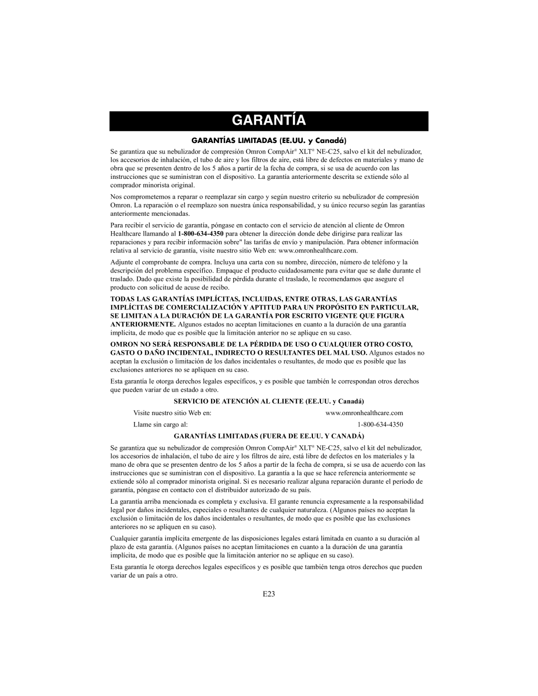 Omron Healthcare NE-C25 instruction manual Garantías Limitadas EE.UU. y Canadá 