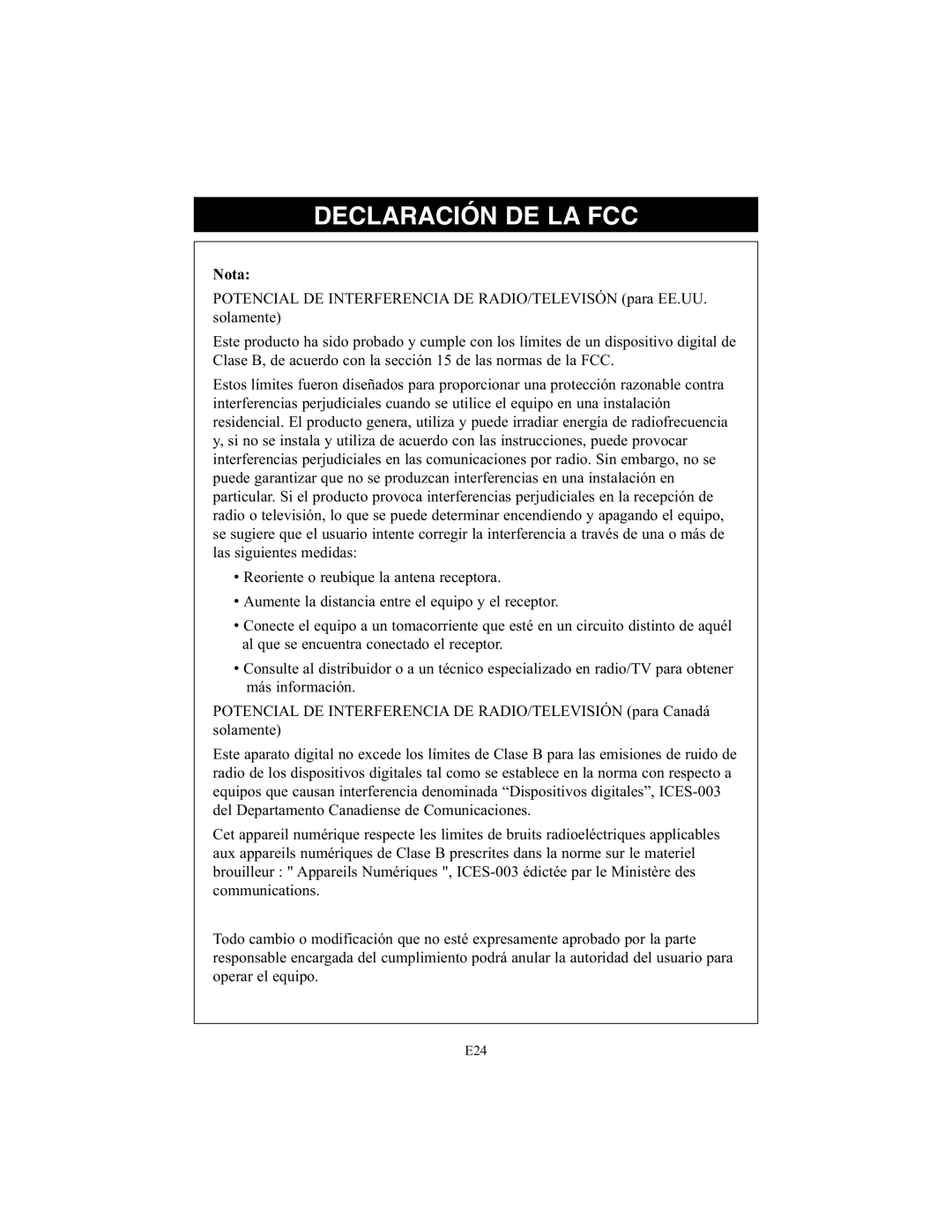 Omron Healthcare NE-C25 instruction manual Declaración DE LA FCC, Nota 