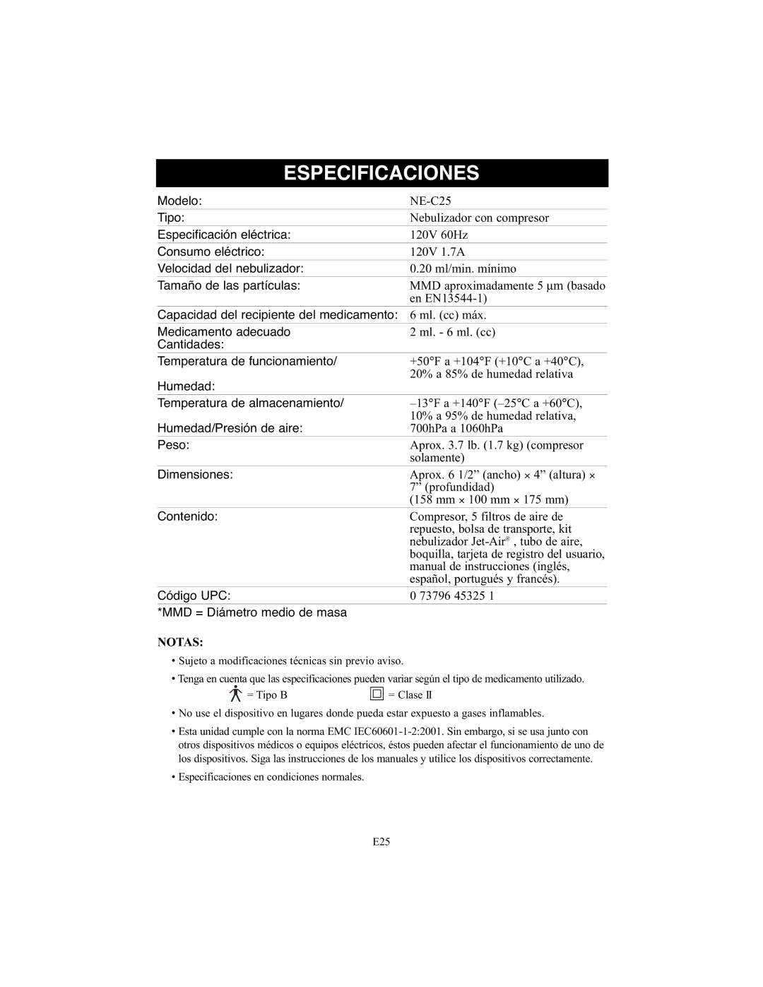 Omron Healthcare NE-C25 instruction manual Especificaciones, Notas 