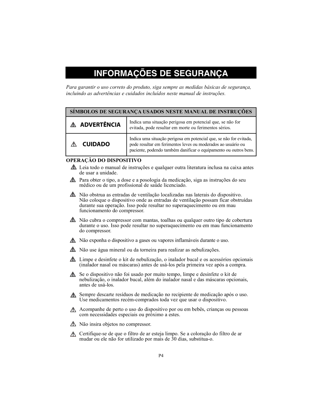 Omron Healthcare NE-C25 Informações DE Segurança, Símbolos DE Segurança Usados Neste Manual DE Instruções 