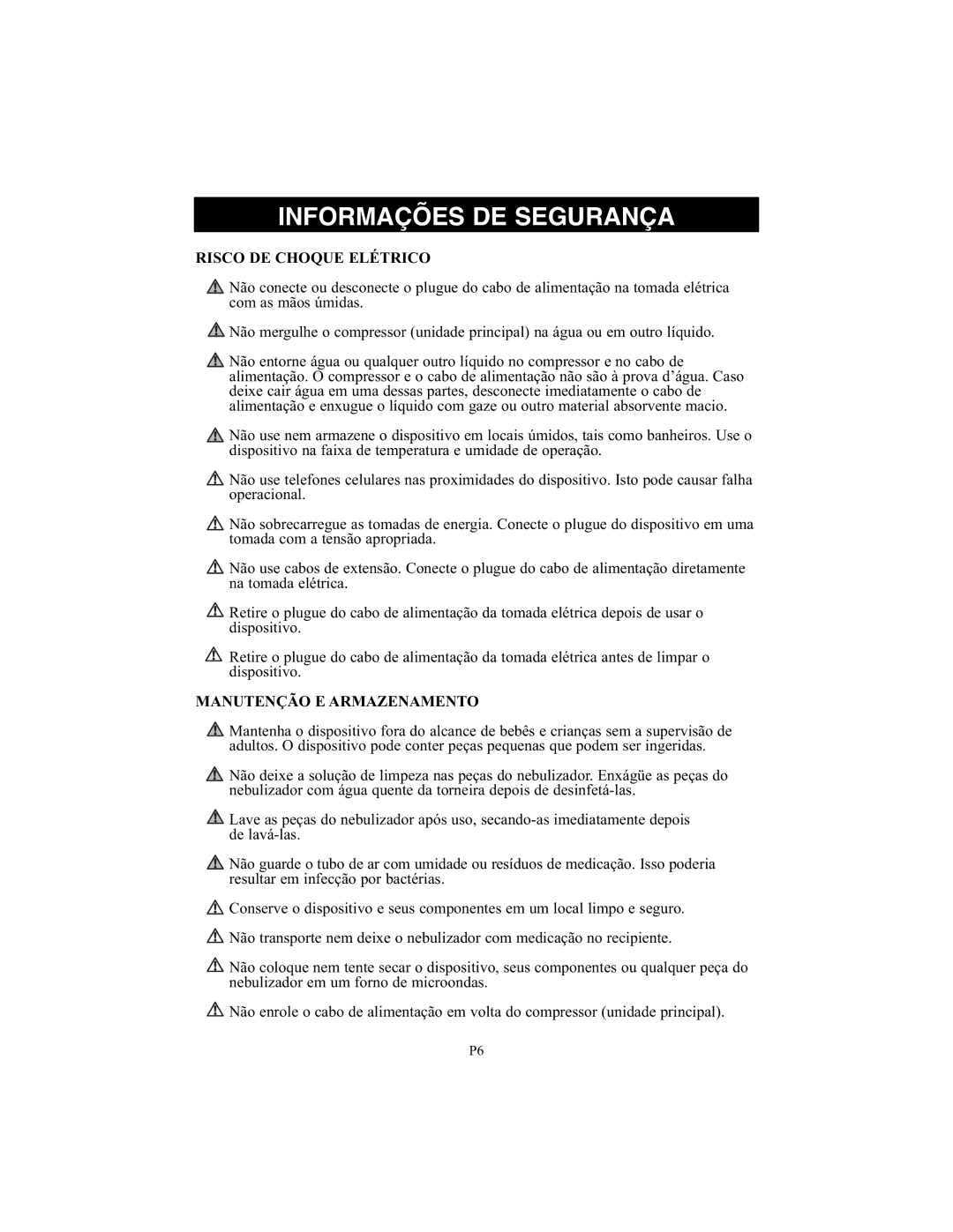 Omron Healthcare NE-C25 instruction manual Risco DE Choque Elétrico, Manutenção E Armazenamento 