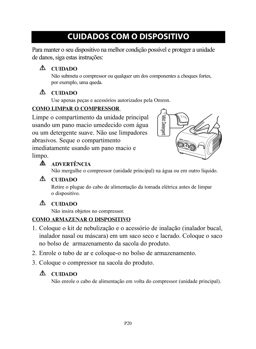 Omron Healthcare NE-C28 Cuidados COM O Dispositivo, Como Limpar O Compressor, Como Armazenar O Dispositivo 