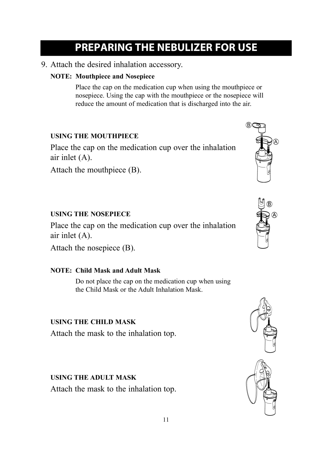 Omron Healthcare NE-C28 instruction manual Attach the desired inhalation accessory, Attach the mask to the inhalation top 