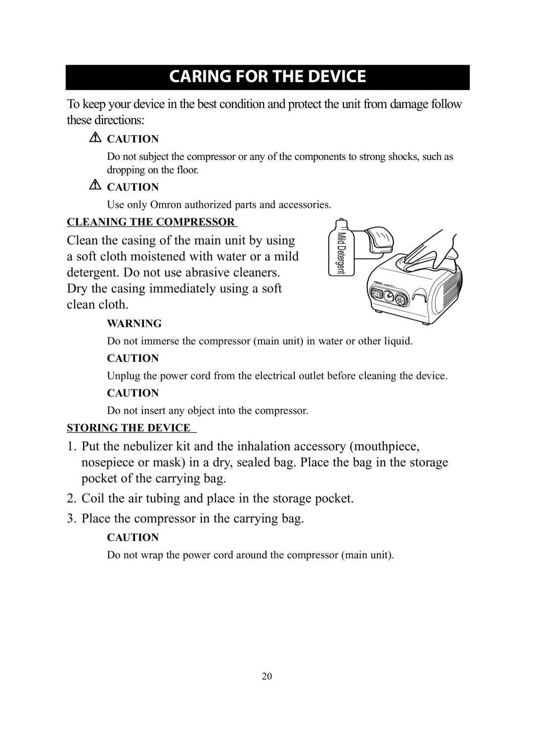 Omron Healthcare NE-C28 instruction manual Caring for the Device, Cleaning the Compressor, Storing the Device 