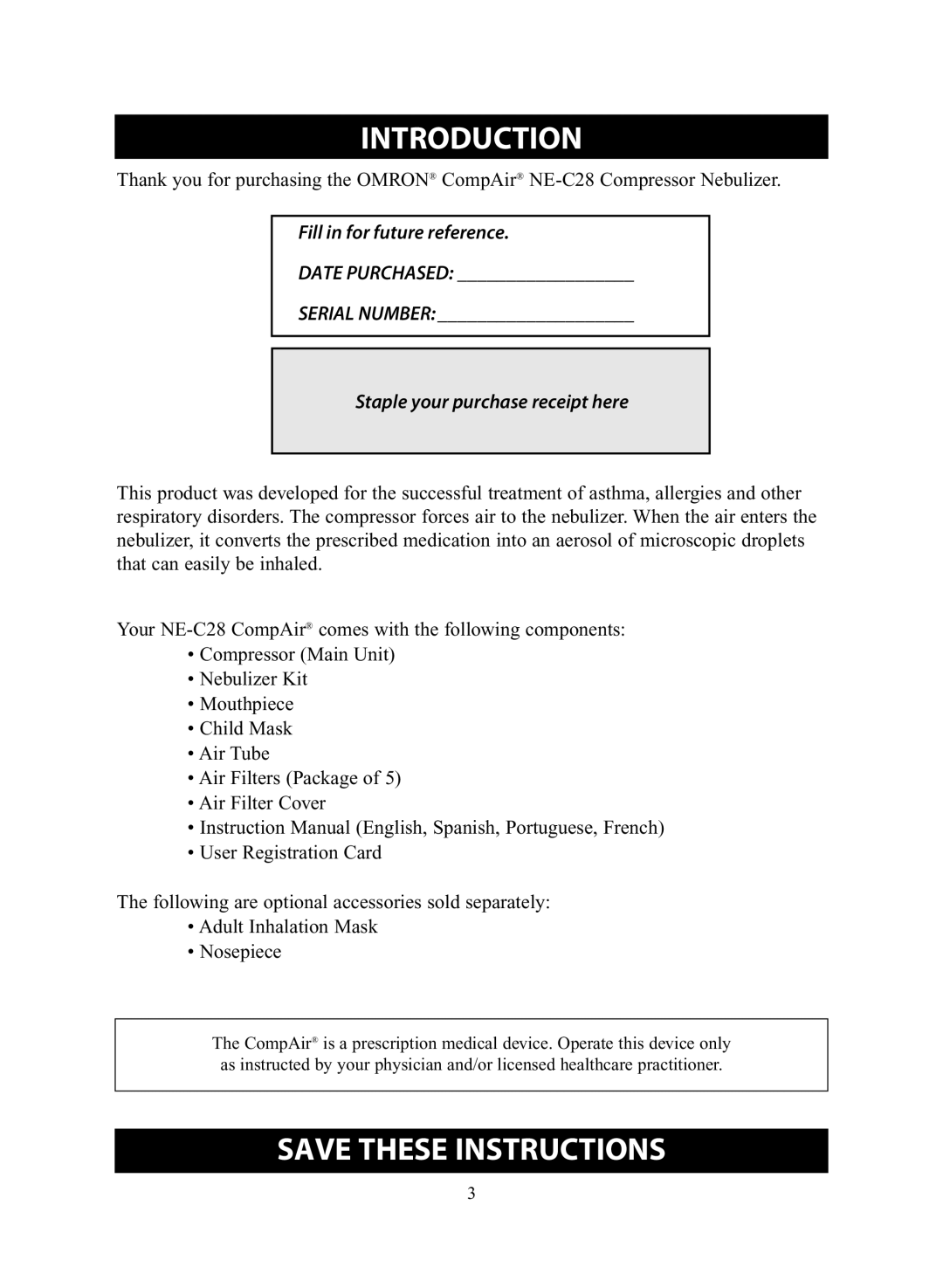 Omron Healthcare NE-C28 instruction manual Introduction 