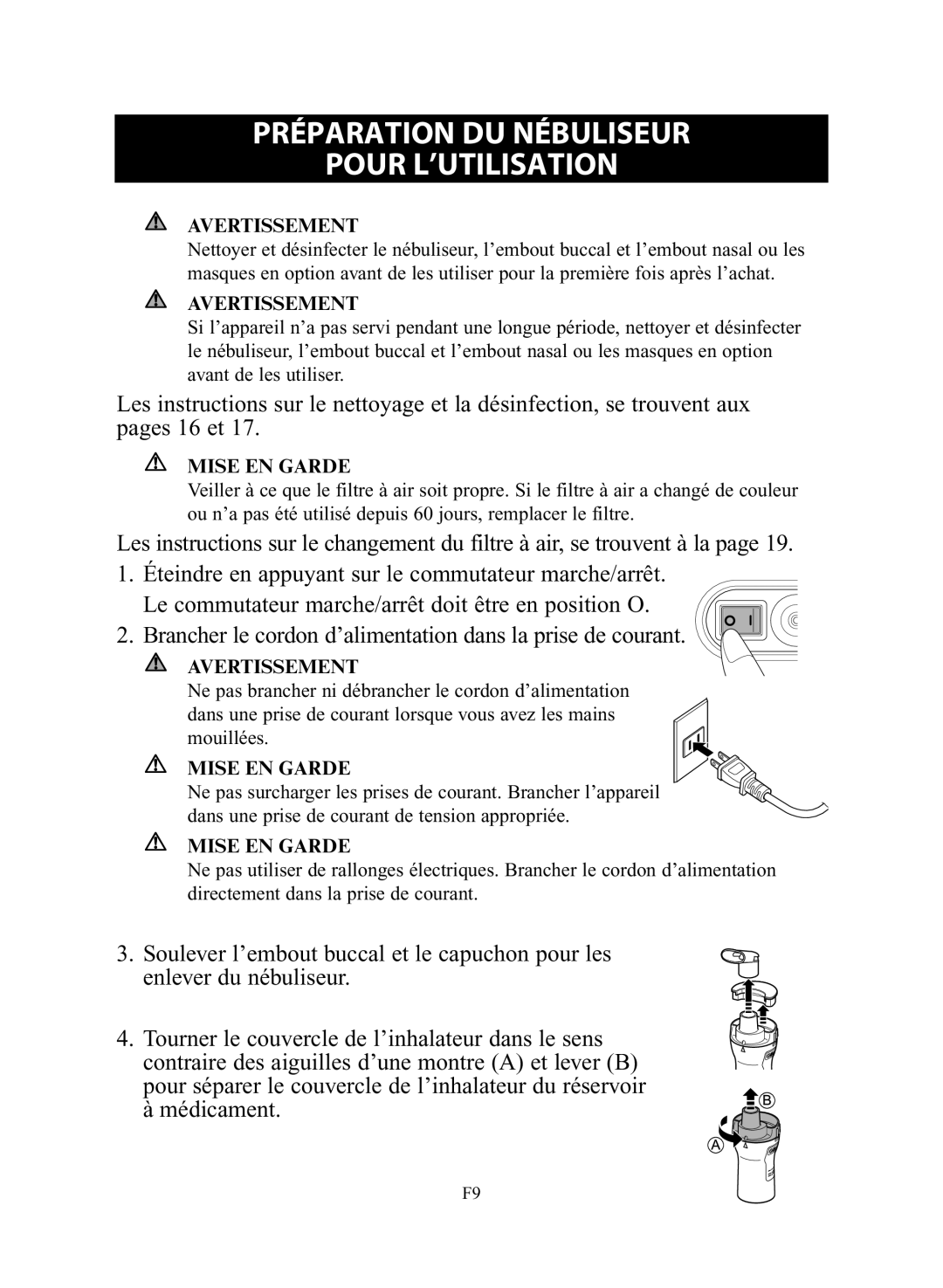 Omron Healthcare NE-C28 instruction manual Préparation DU Nébuliseur Pour L’UTILISATION, Avertissement, Mise EN Garde 