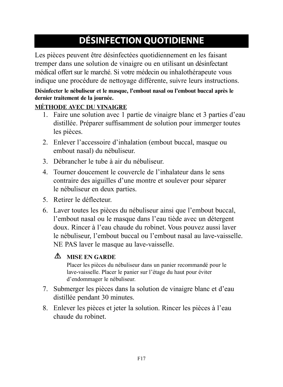 Omron Healthcare NE-C28 instruction manual Désinfection Quotidienne, Méthode Avec DU Vinaigre 