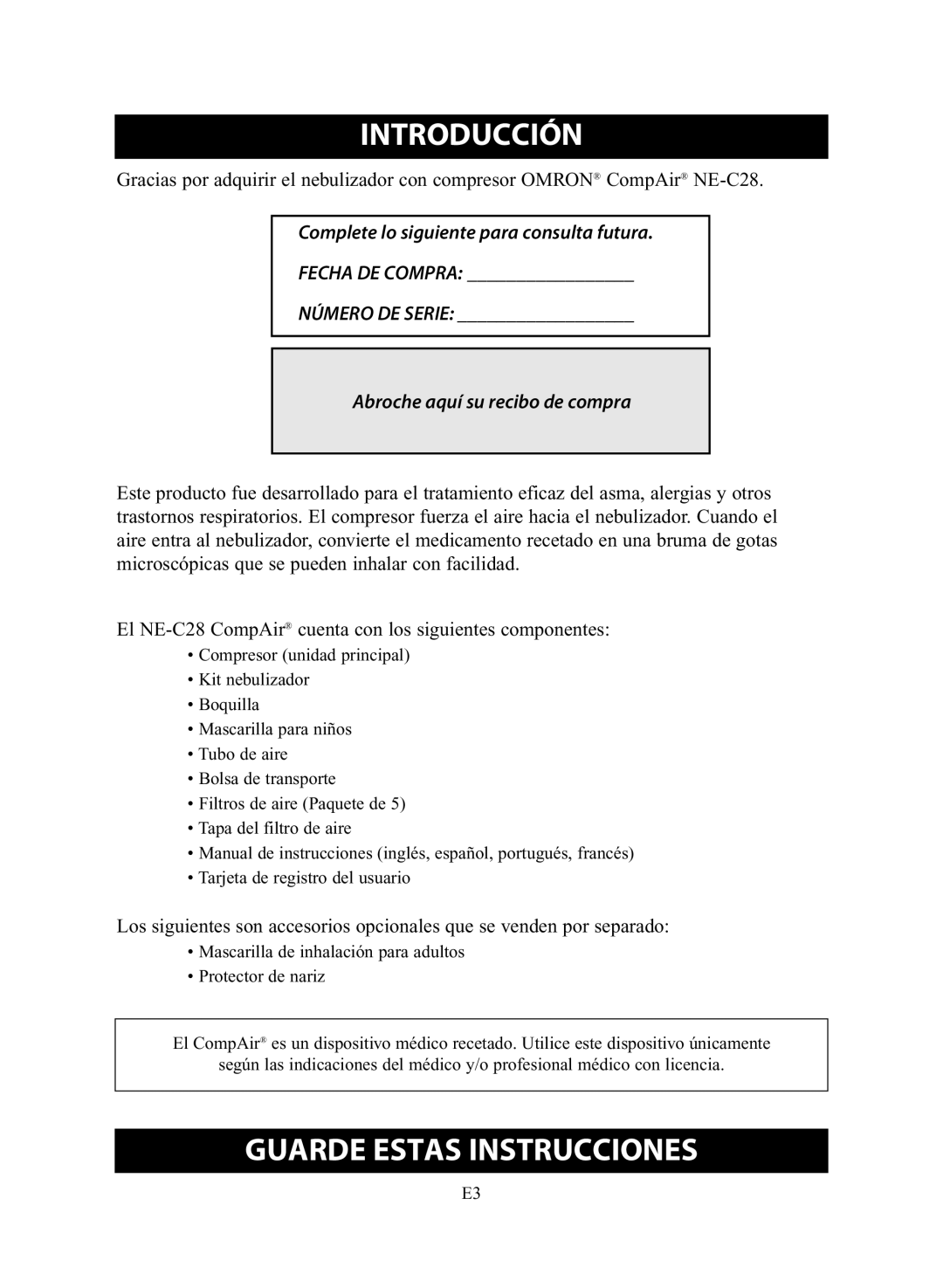 Omron Healthcare NE-C28 instruction manual Introducción, Guarde Estas Instrucciones 