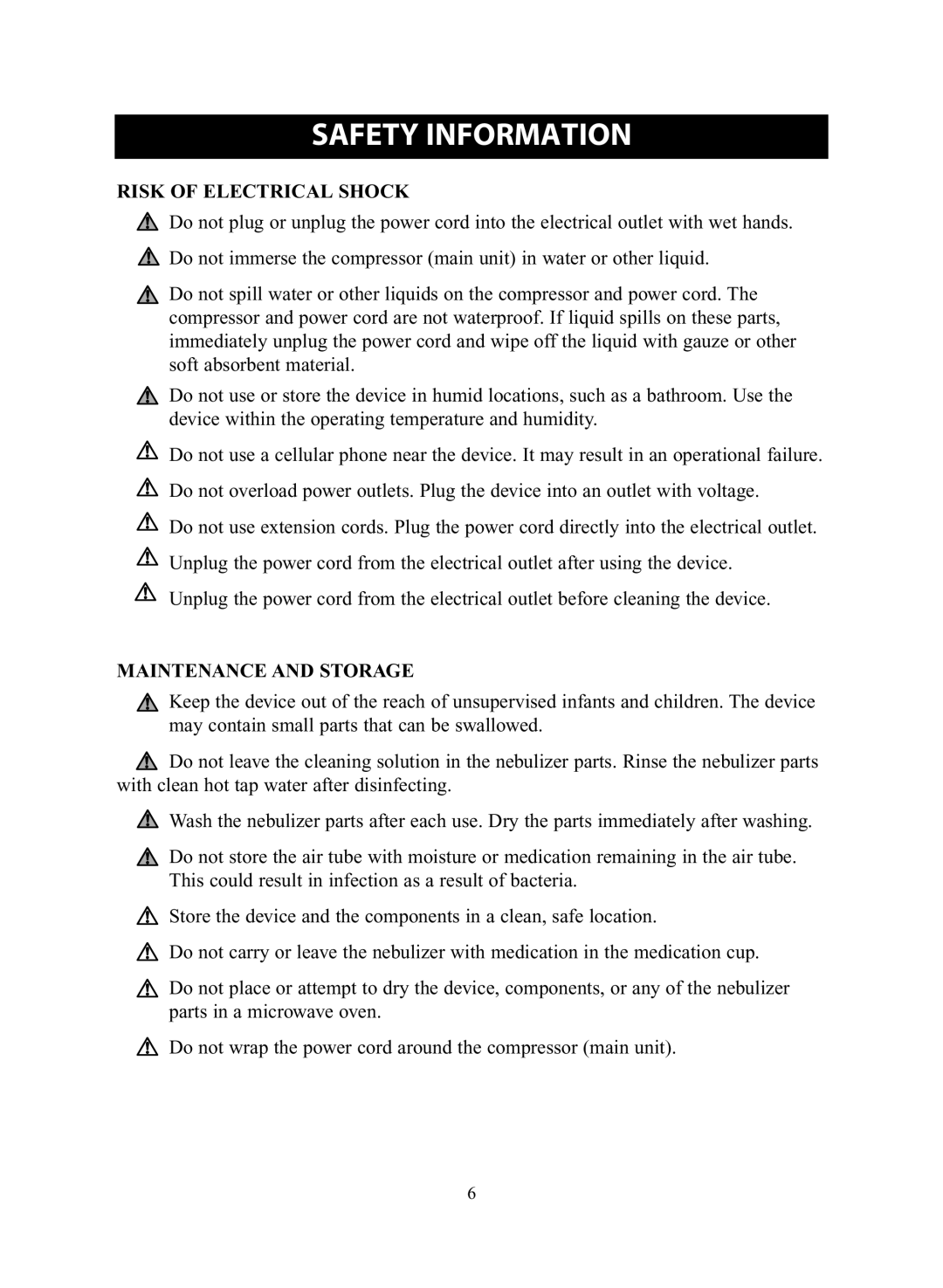 Omron Healthcare NE-C28 instruction manual Risk of Electrical Shock, Maintenance and Storage 