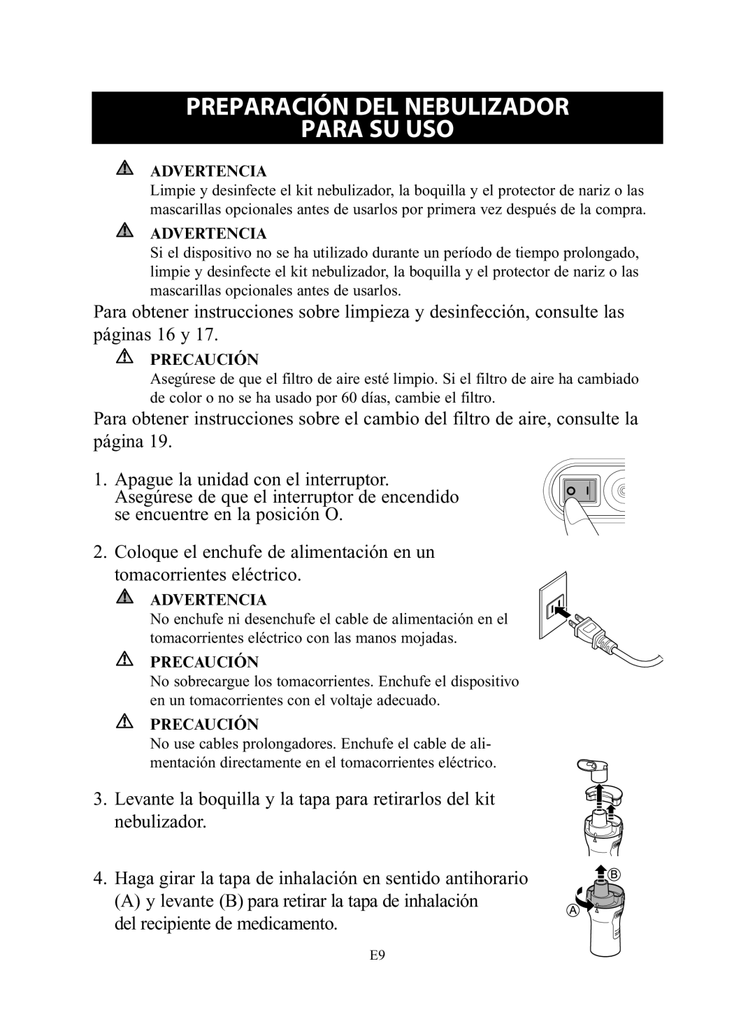 Omron Healthcare NE-C28 instruction manual Preparación DEL Nebulizador Para SU USO, Advertencia, Precaución 