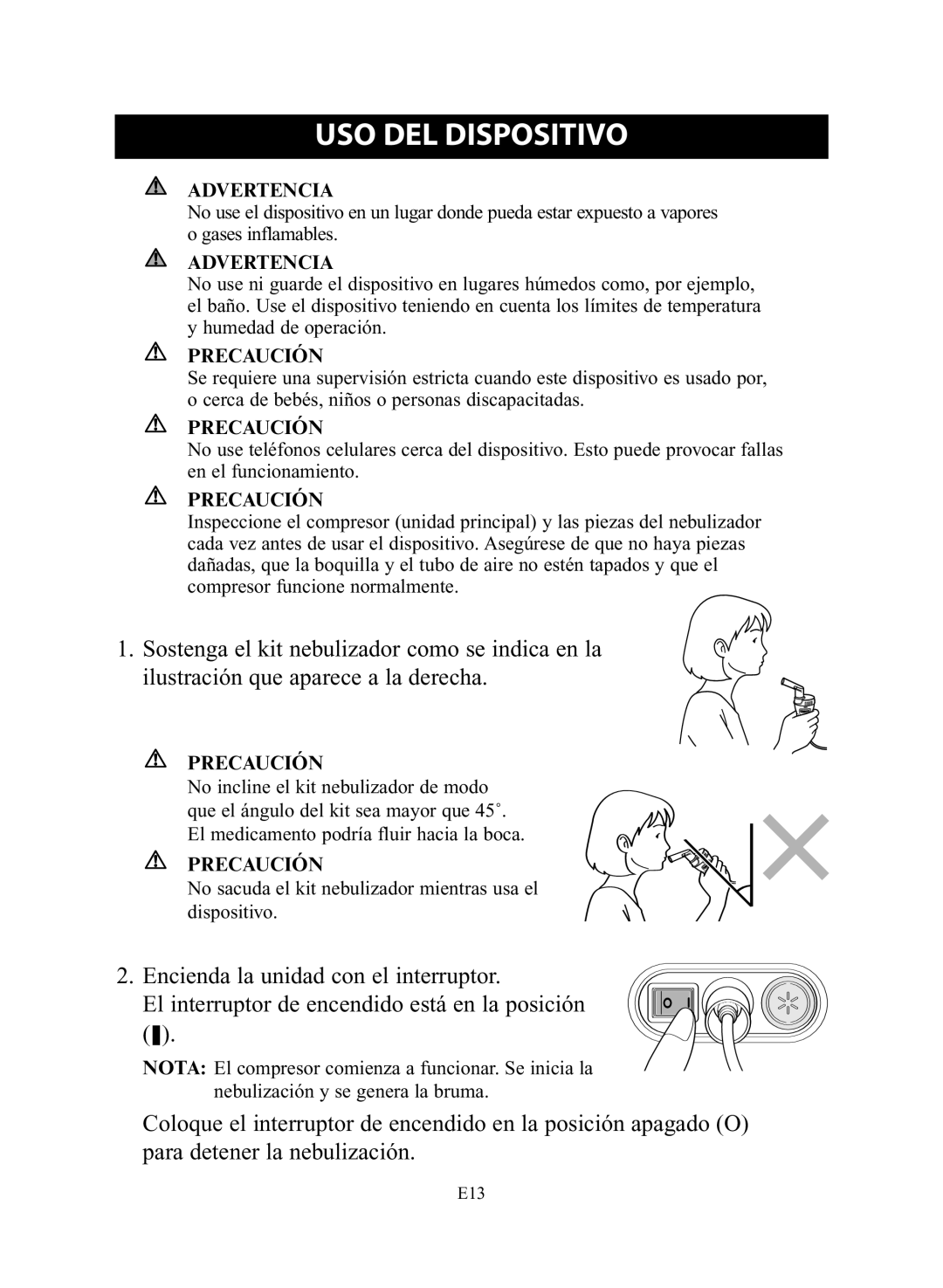 Omron Healthcare NE-C28 instruction manual USO DEL Dispositivo, Advertencia 