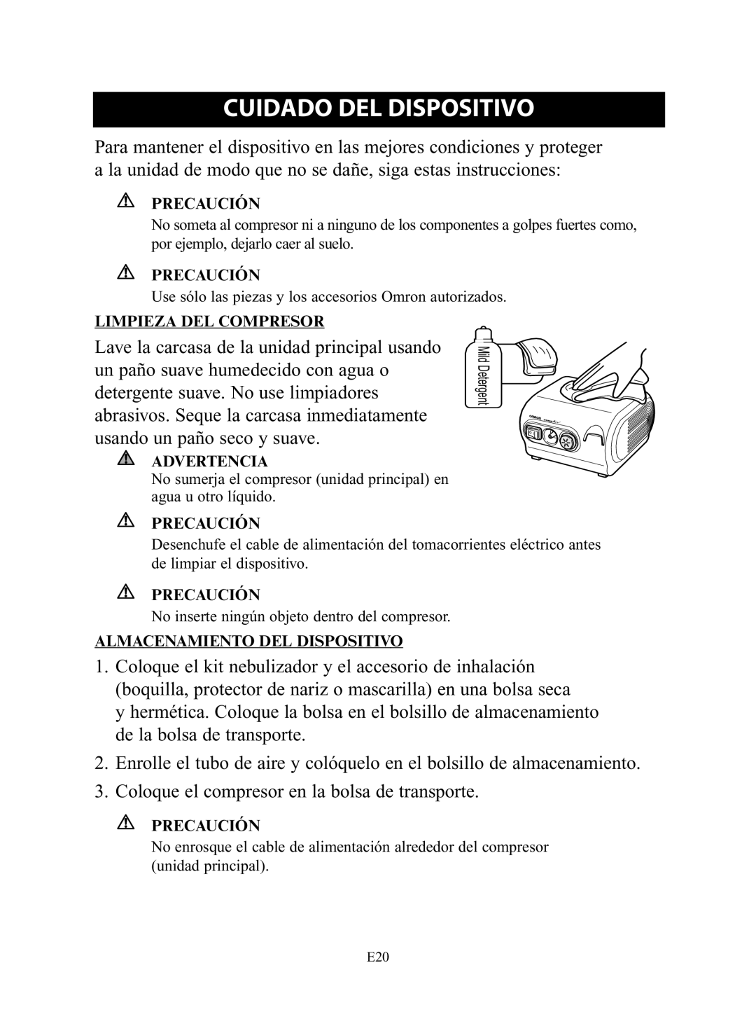 Omron Healthcare NE-C28 instruction manual Cuidado DEL Dispositivo, Limpieza DEL Compresor, Almacenamiento DEL Dispositivo 