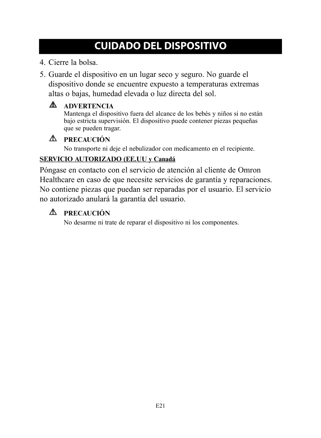 Omron Healthcare NE-C28 instruction manual Servicio Autorizado EE.UU y Canadá 