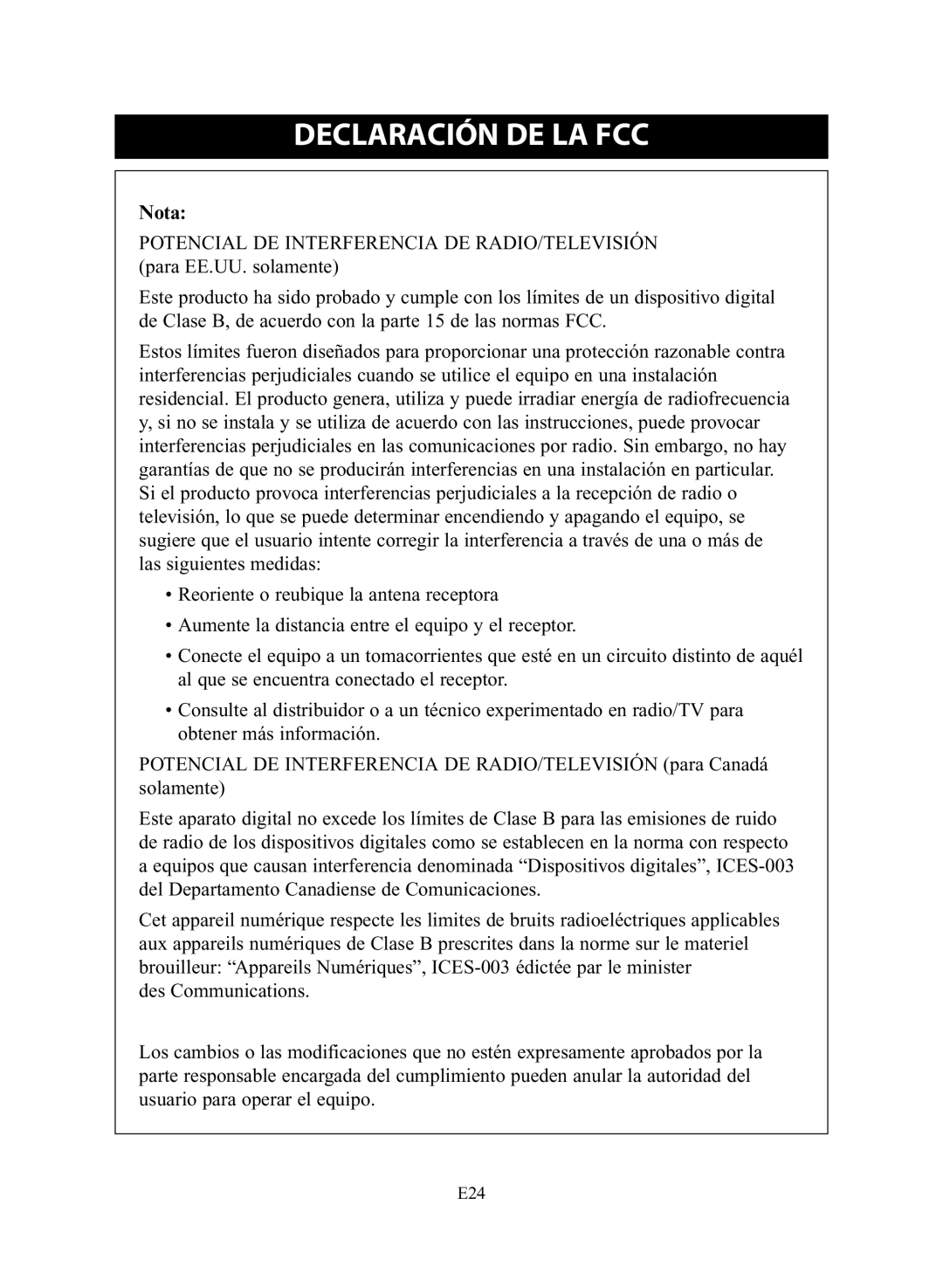 Omron Healthcare NE-C28 instruction manual Declaración DE LA FCC, Nota 